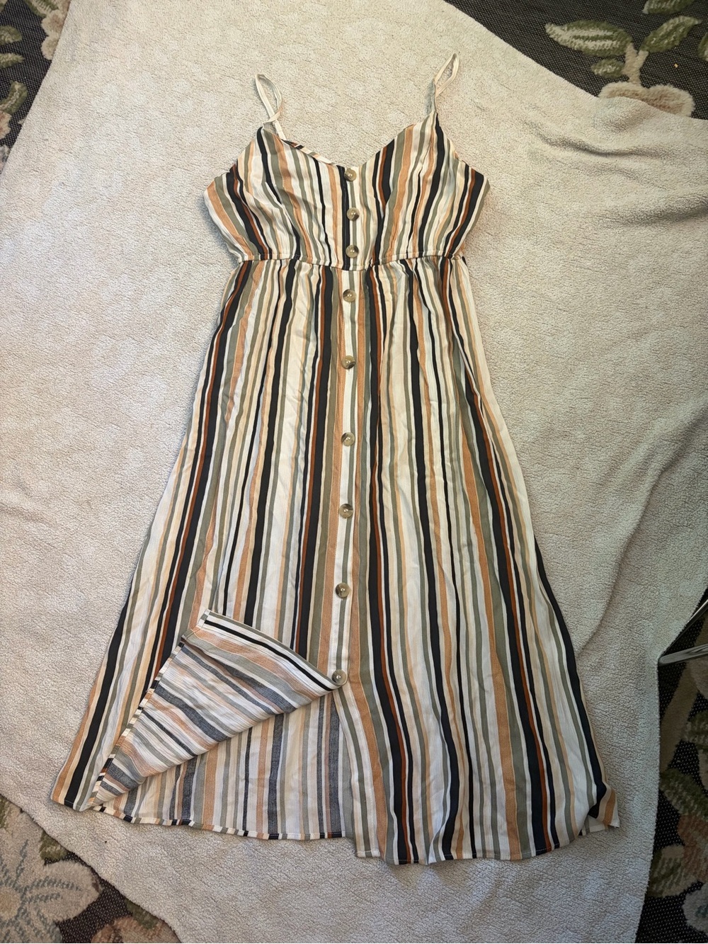 Striped Button-Front Spaghetti Strap Midi Dress - Black, Tan, Cream
